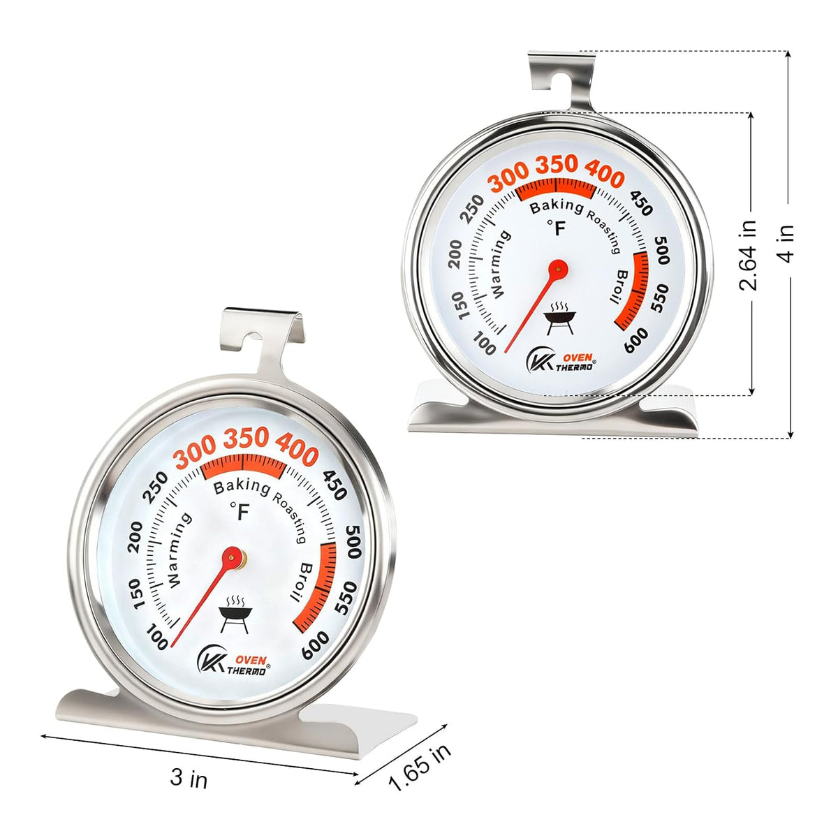 Oven Thermometer 3-Inch Large Dial, 100-600°F, Hook & Stand 2‑Pack