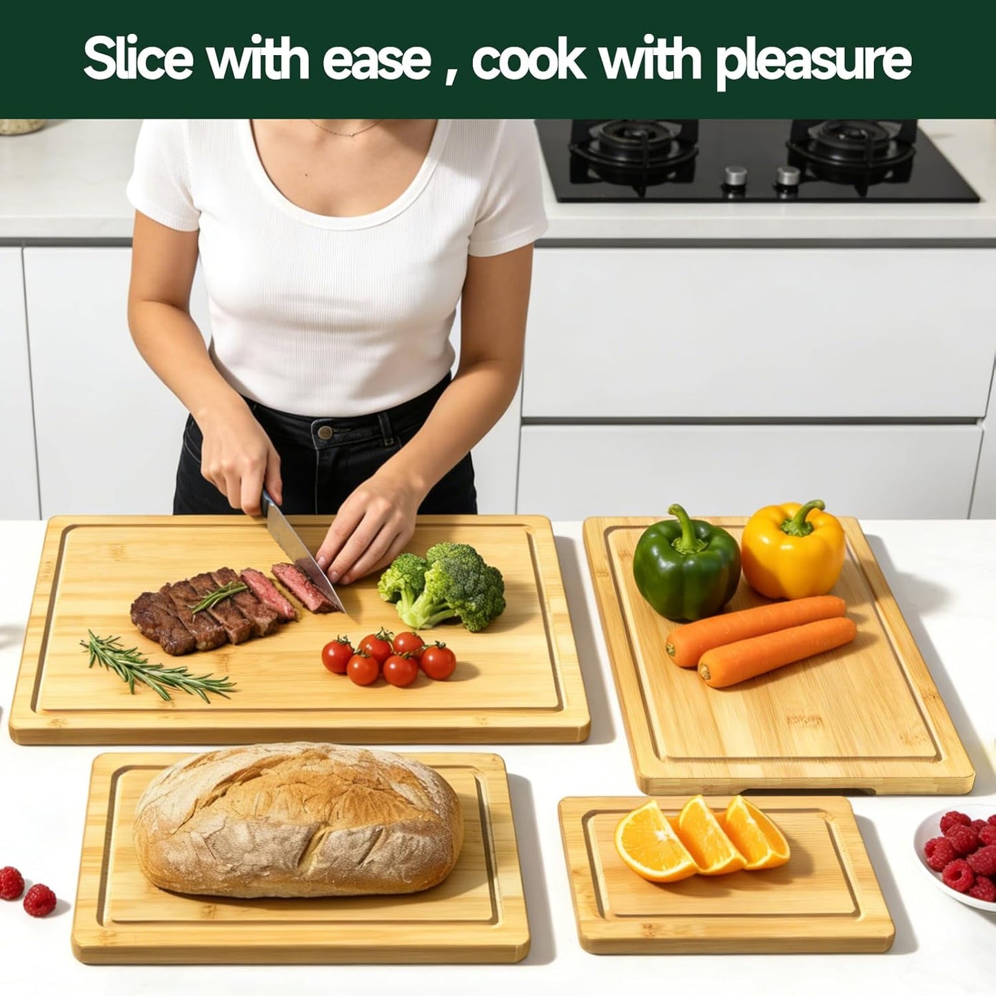 3-Piece Set Bamboo Cutting Board for Kitchen - Crack-Resistant Wood Chopping Boards with Deep Juice Grooves, Pre-Oiled Butcher Block for Meat, Vegetables & Cheese, Carbonized