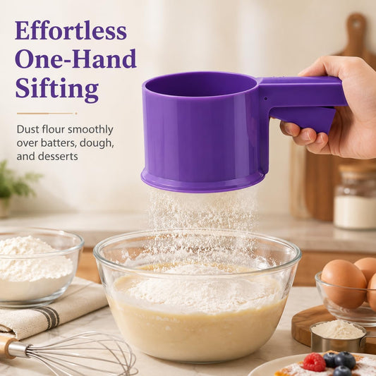 Flour Sifter with Squeeze Handle, One-Hand Baking Sieve with Fine Stainless Steel Mesh and Measuring Marks for Flour, Powdered Sugar, Cocoa and Baking, Purple