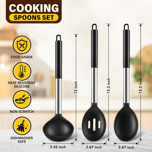 3Pcs Silicone Cooking Spoon Set, Kitchen Utensils Include Solid & Slotted Spoon, Soup Ladle, Food-Grade Heat Resistant 446°F, Non-Scratch Spoons for Serving, Stirring, Draining, Dishwasher Safe, Gray