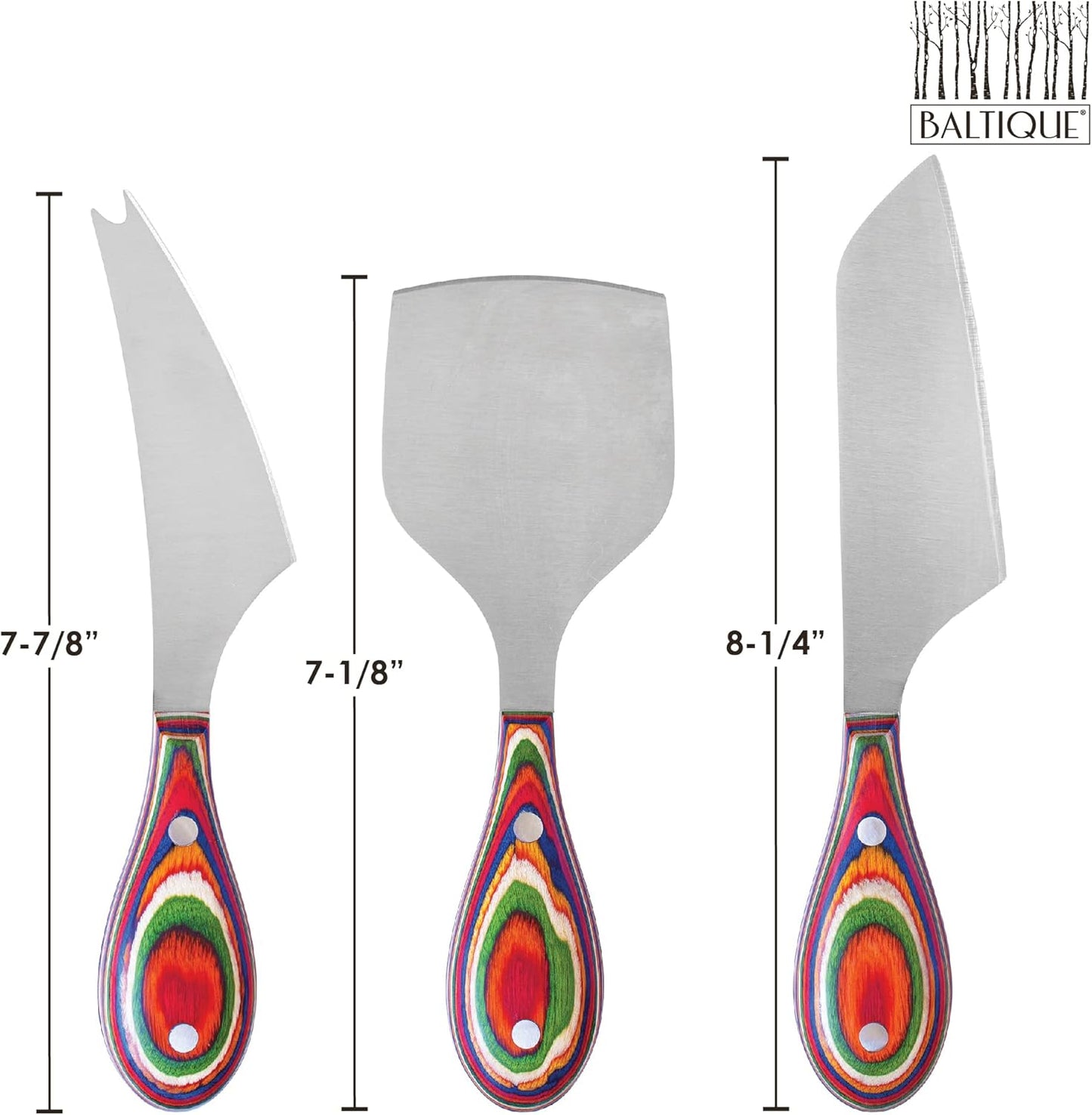 Totally Bamboo Baltique Marrakesh Collection 3-Piece Cheese Knife Set, Stainless Steel Cheese Knives with Colorful Wooden Handles for Charcuterie Boards