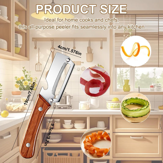 2-in-1 Multifunctional Vegetable Peeler with Wooden Handle & Stainless Steel Blade, Multifunctional Vegetable Peeler, Built-in Bottle Opener, Fruit & Vegetable Kitchen Peeling Tool (1Pcs)