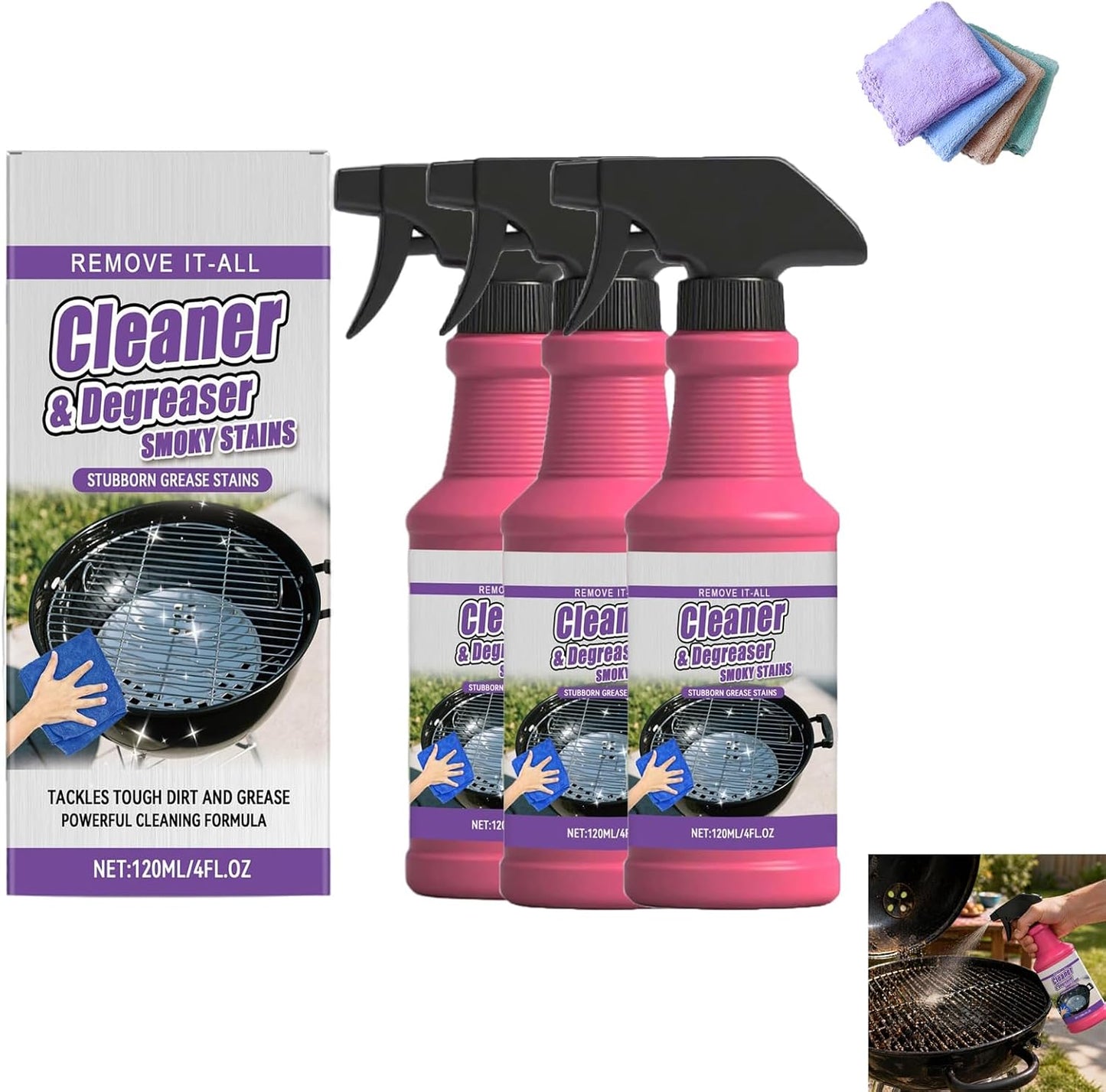 Cleaner and Degreaser for Grill, Fast-Acting Heavy-Duty Grill Degreaser Spray, BBQ Grill Cleaner for Outdoor Grills, Grease Remover for Grates, Smoky Stains and Kitchen Cleaning (3 PCS)