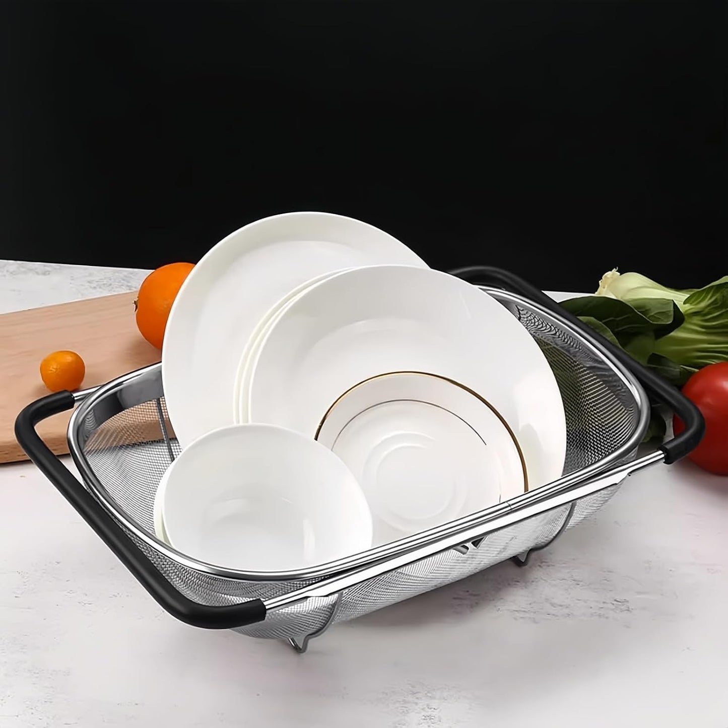 Over The Sink Colander, Stainless Steel Fine Mesh Expandable Colander, Sink Colander for Kitchen, 6-Quart Expandable Strainer Over The Sink for Straining, Draining, Rinsing Fruits And Vegetables