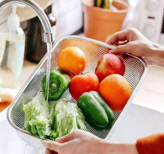 Stainless Steel Drain Basket 11.81 X 8.66 X 2.36 in over the Sink Colander for Rice Fruit and Vegetable Washing Multi-Purpose Kitchen Storage Basket