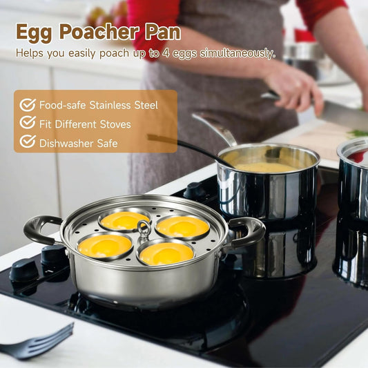 Egg Poacher Pan Nonstick 4 Eggs, 304Stainless Steel Poached Egg Cooker