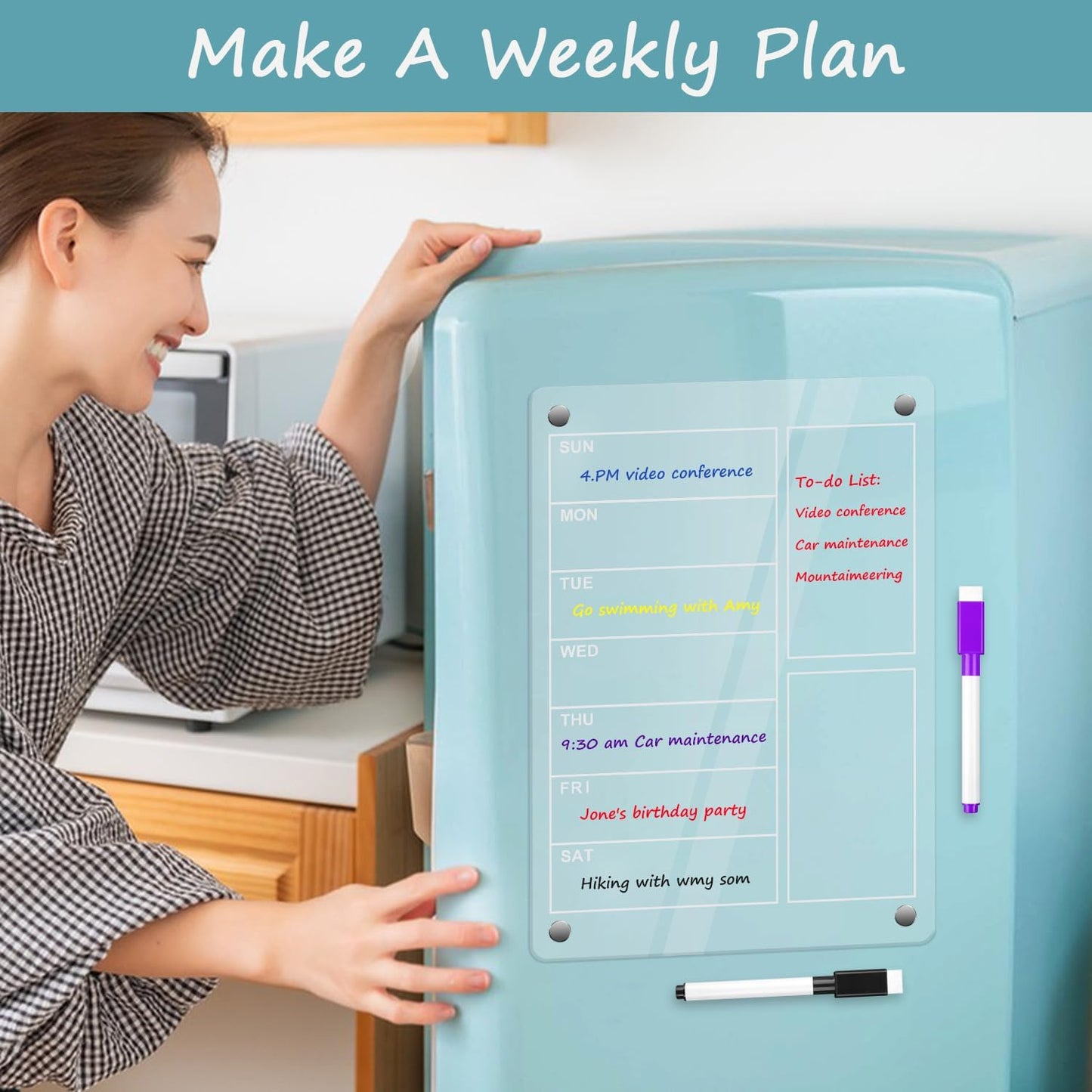 SULOLI Acrylic Magnetic Weekly Planner for Fridge, Clear Weekly Meal Planner for Refrigerator with 6 Magnetic Erasable Markers 8"x12"