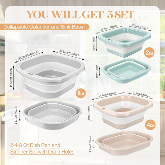3 Set 8-4-2 Qt Collapsible Colander and Sink Basin