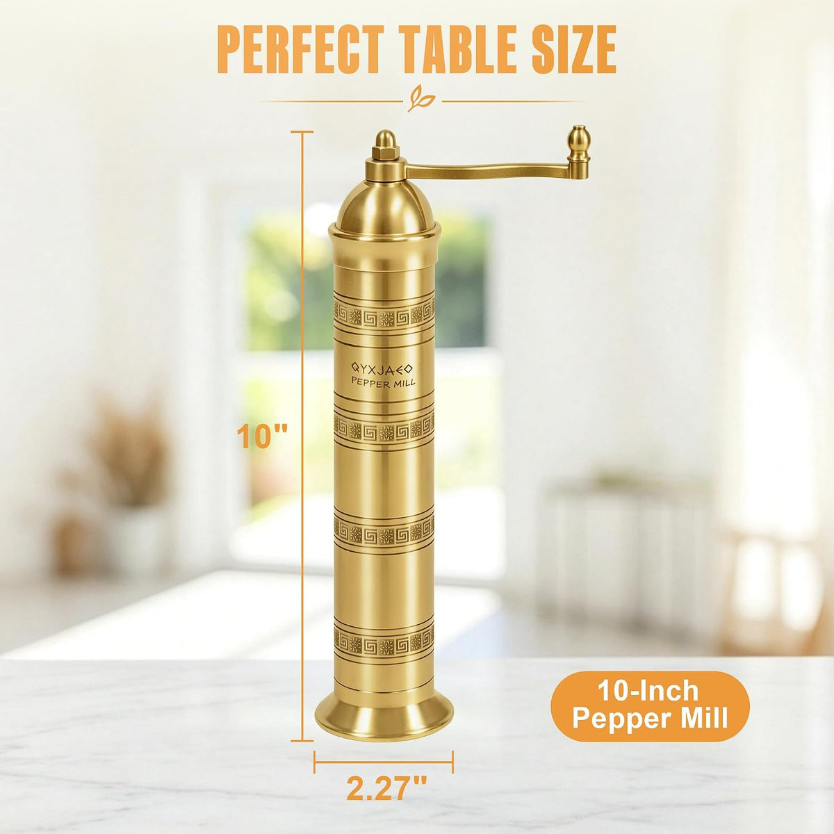 Brass Pepper Mill, 8 Inch Gold Manual Grinder with Crank Handle
