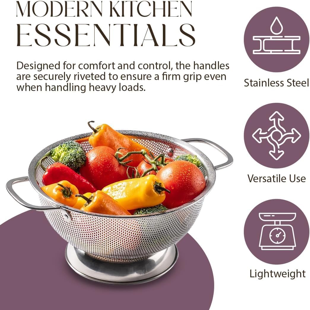 Bellemain 3 Qt Metal Colander with Handle | Pasta, Spaghetti, Berry, Fruit, Vegetable, Kitchen Food Strainer Basket | 18/8 Stainless Steel Colander Bowl | Pot Drainer for Cooking, Sifter Strainer