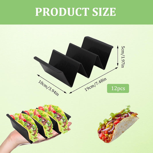 Taco Holder Set of 12, Black Plastics Taco Stand, Each Can Hold 2 To 3 Tortillas for Taco Tuesday Party Holidays, Outings, Weekends and Birthday Parties Dishwasher and Microwave Safe