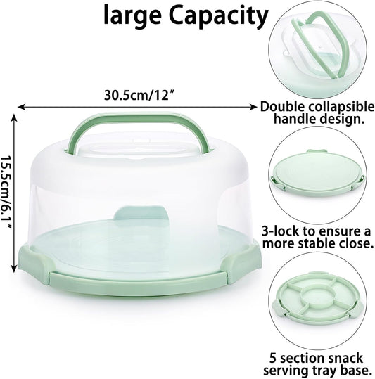 BSTKEY Portable Cake Carrier with Lid and Handle, Devil Egg Container + Cupcake Storage Tray for Transport, 10 Round Cake Container Holder with Two Sided Base for Pies Cookies Nuts Fruit, Green