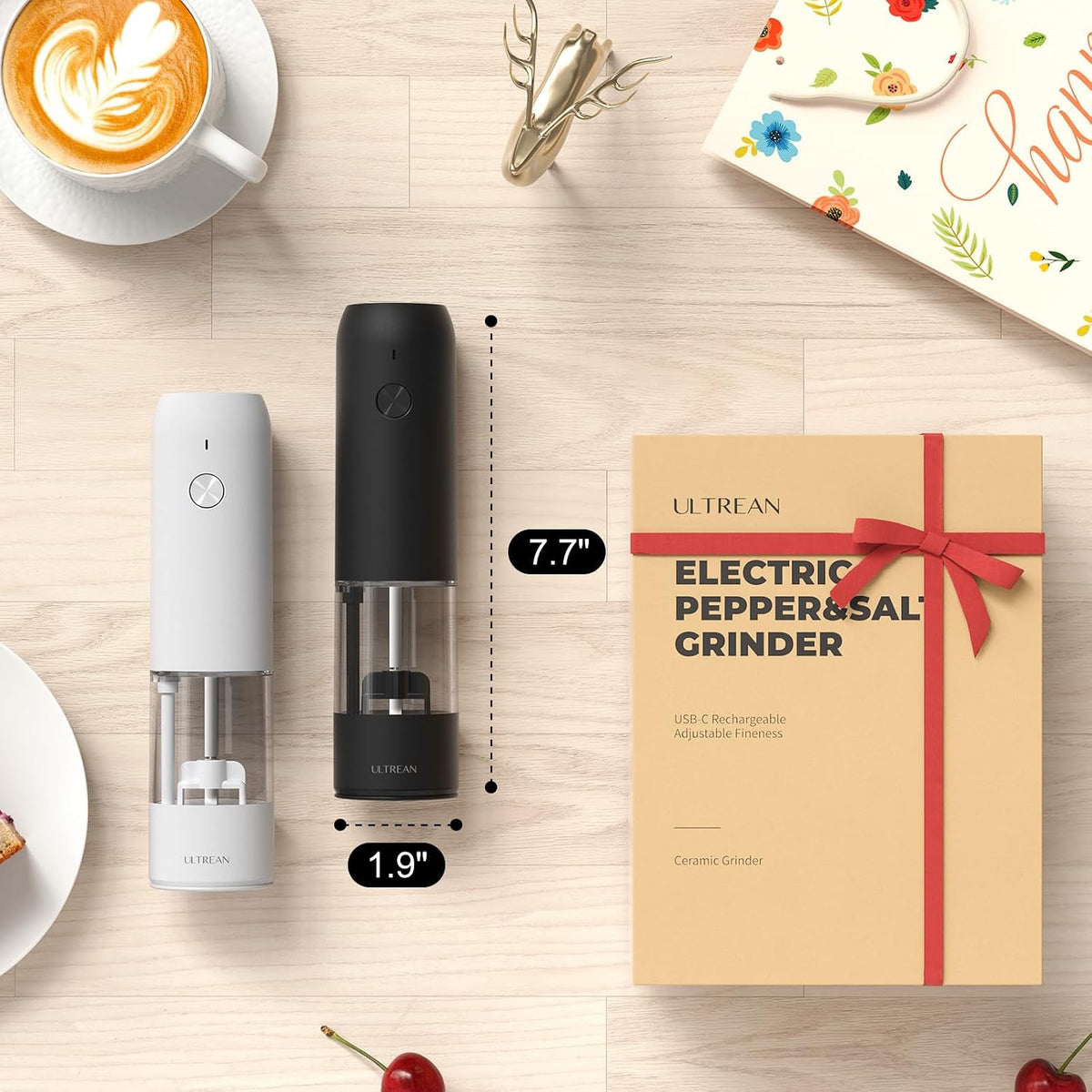 Ultrean Electric Salt and Pepper Grinder Set, Rechargeable,Matte Black