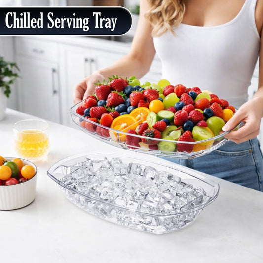 Chilled Serving Tray with Lid, 15” Large Fruit & Vegetable Platter Tray with Ice Compartment, Party Serving Platter with 6 Forks & 3 Tongs, Cold Food Serving Tray for Parties