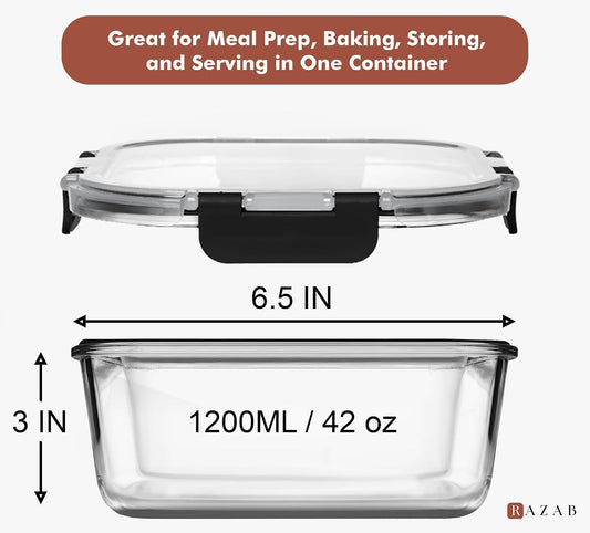 Razab 2 PC 1200ML / 41 Oz Glass Food Storage Containers with Lids - Airtight & Leakproof - Microwave/Oven/Freezer Safe - BPA Free - Ideal for Meal Prep, Storing Leftover & Lunch