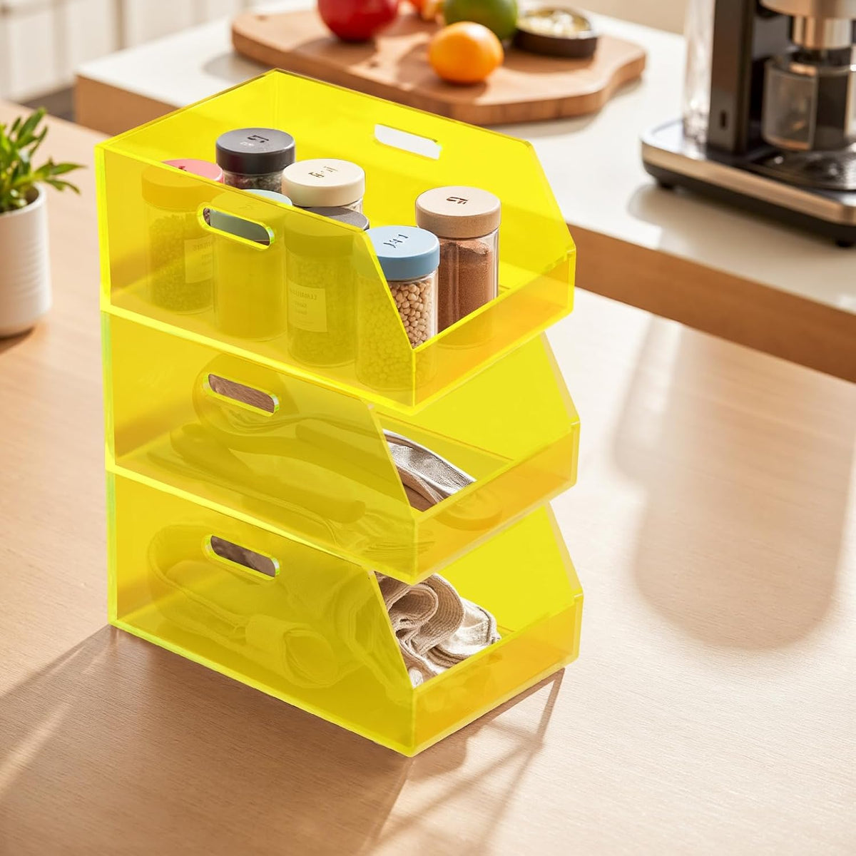 Gelite Stackable Storage Bins Open Front Clear Organizer Bins with Handles Acrylic Storage Container for Pantry Kitchen Cabinet Bathroom Closet Office Organization, 11.4x7.5x5.1''