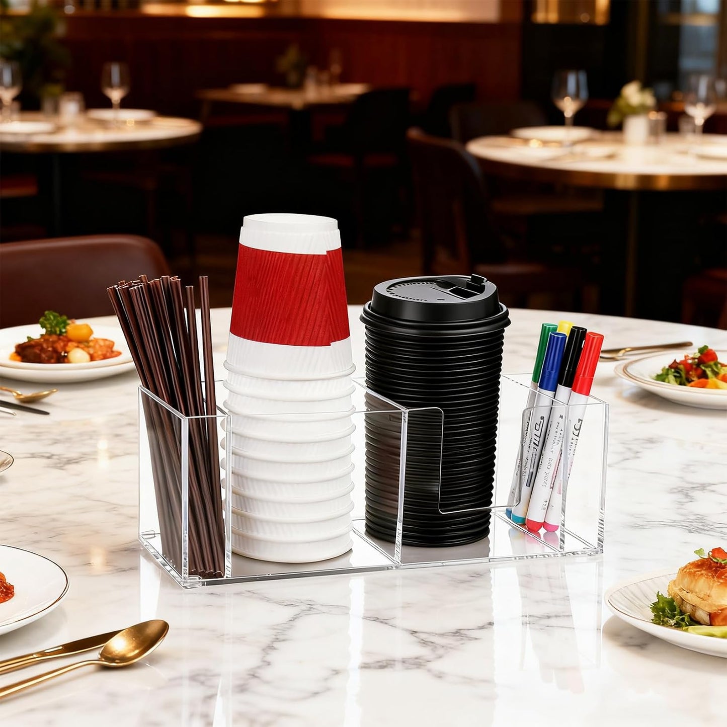 Cup Holder with Marker Slot, Acrylic Disposable Coffee Cup Dispenser Lids Straws Storage Organizer Mark Your Cup and Drink Up for Kitchen Bar Picnic Gathering Party Accessory