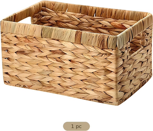Water Hyacinth Storage Basket, Hand Woven Organizer Bin with Handles for Desktop, Cabinets, Shelves, Snack Organization, Decorative Home Storage, 11 x 7 x 6 in, 28.5 x 18 x 14 cm