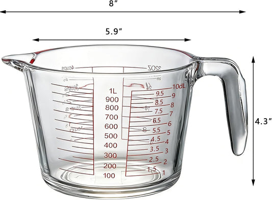 Glass Measuring Cup for Baking and Cooking, Microwave and Oven Safe, Dishwasher Safe, with Red Measurement Markings (4 cup)