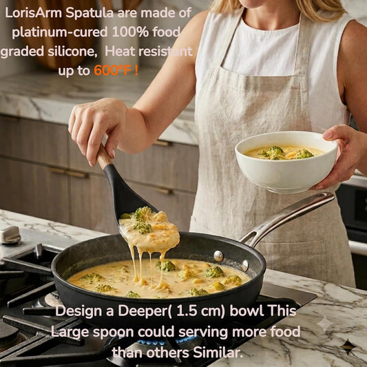 LorisArm Large Cooking Spoons for Serving. 11.2" Nonstick Silicone Spoonula with Wooden Handle, Heat Resistant Rubber Serving Spatula Spoon for Baking,Scooping and Scraping.