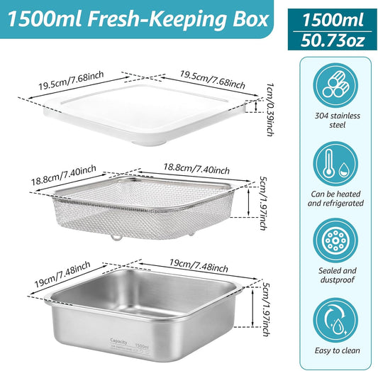 Stainless Steel Colander Set, Square Strainer with Lid for Draining Vegetable Washing Rice, 2 in 1 Strainer Bowl & Food Storage Container Food Preparation Box Bowl (1500ml)