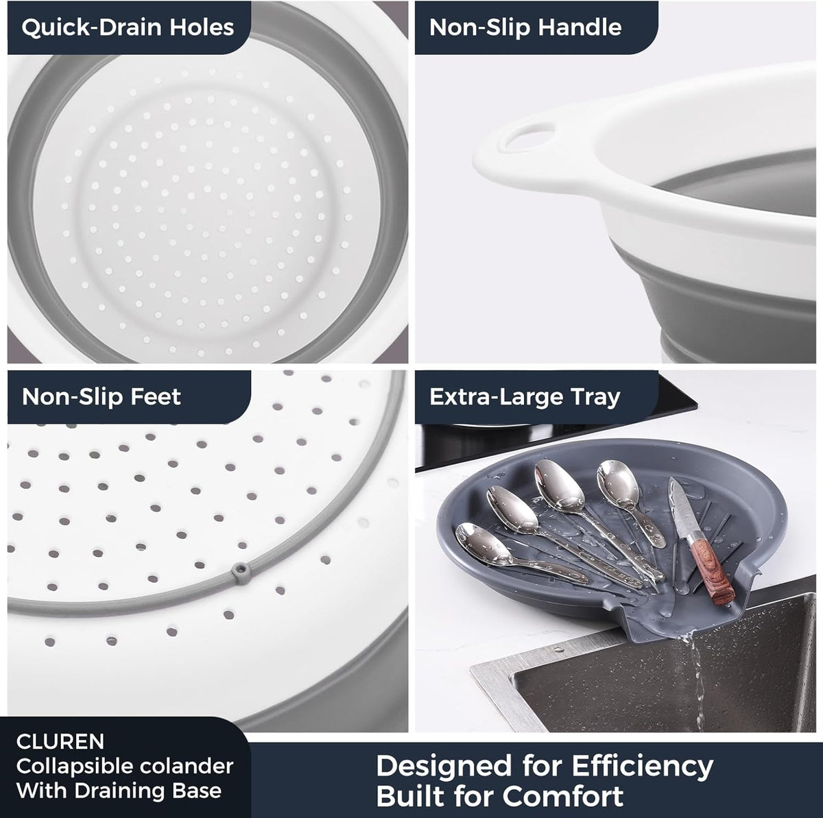 Collapsible Colander Set with Oversized Draining Tray | 3-Pack Foldable Kitchen Strainers + Base | Space Saving for Pasta, Veggies, Fruit & Rice | 5 Colors (Gray-Blue)