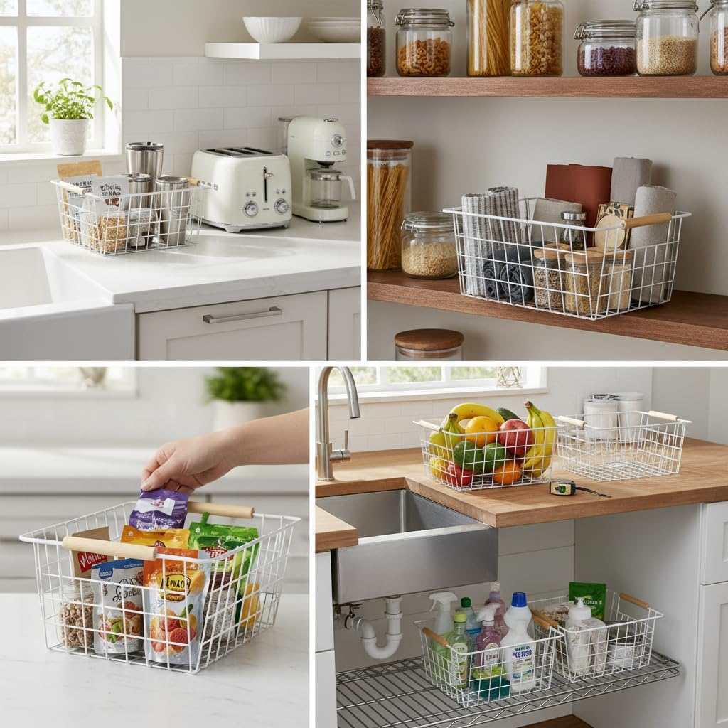 4 Pack White Metal Wire Food Storage Basket Organizer with Wooden Handles for Organizing Kitchen Cabinets Large