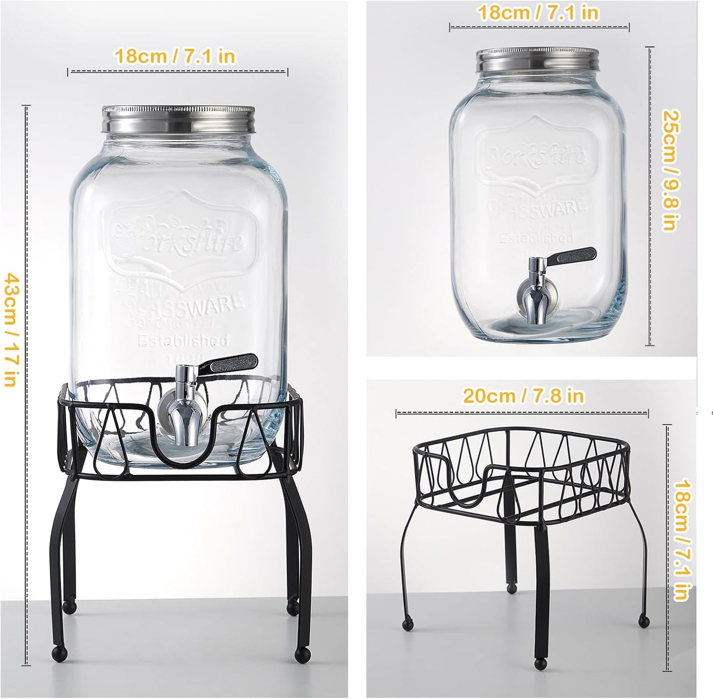1 Gallon Glass Beverage Dispenser with Stand, Stainless Steel Spigot and Lid, Glass Drink Dispensers for Parties, Drink Dispensers with Lids for Lemonade Sun Tea Mason Jar
