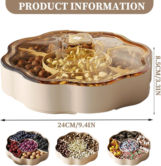 5 Compartments Nut Tray, Dry Fruit Tray Round Plastic Relish with Lid Serving Dishes 9.5x9.5x3.4 inch for Nut, Snack, Fruit, Candies, Cookie Home, Office