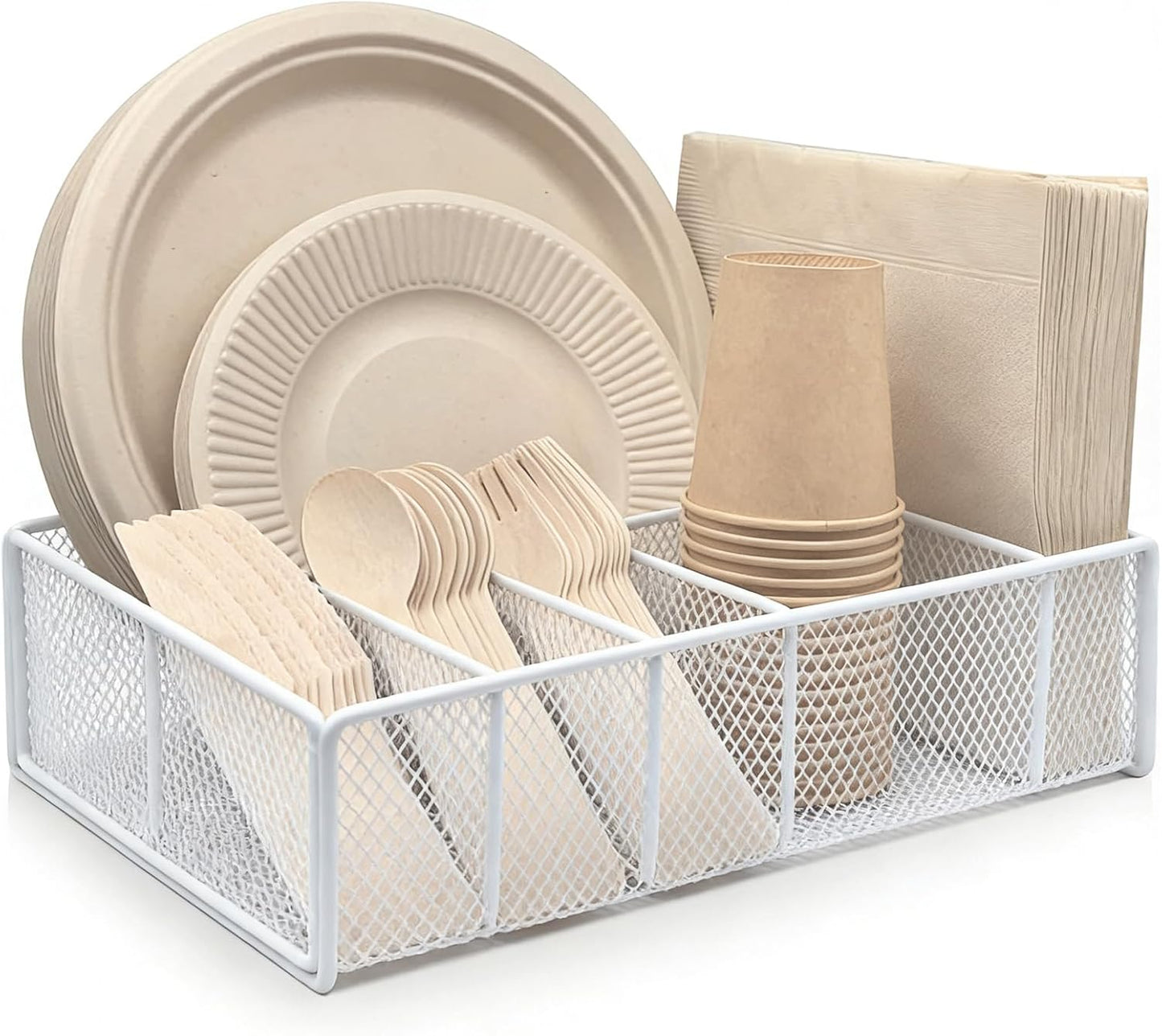 Dysanvica Metal Paper Plate Holder - Utensil Silverware Caddy for Kitchen Counter Cabinet Cutlery Flatware Organizer Storage Dispenser Box for Plastic Spoon Fork Plates Napkins Cup Party Camping White