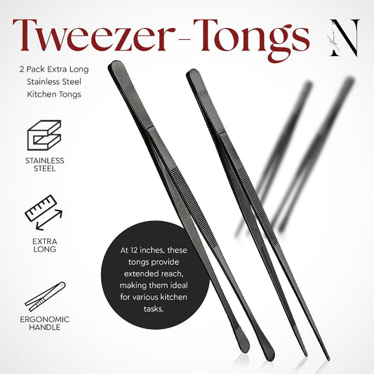 Namre' Tweezer Tongs for Cooking -Plating Tweezers - 2 Pack Stainless Steel Cooking Tongs - Thin Chopstick Tongs (Silver)