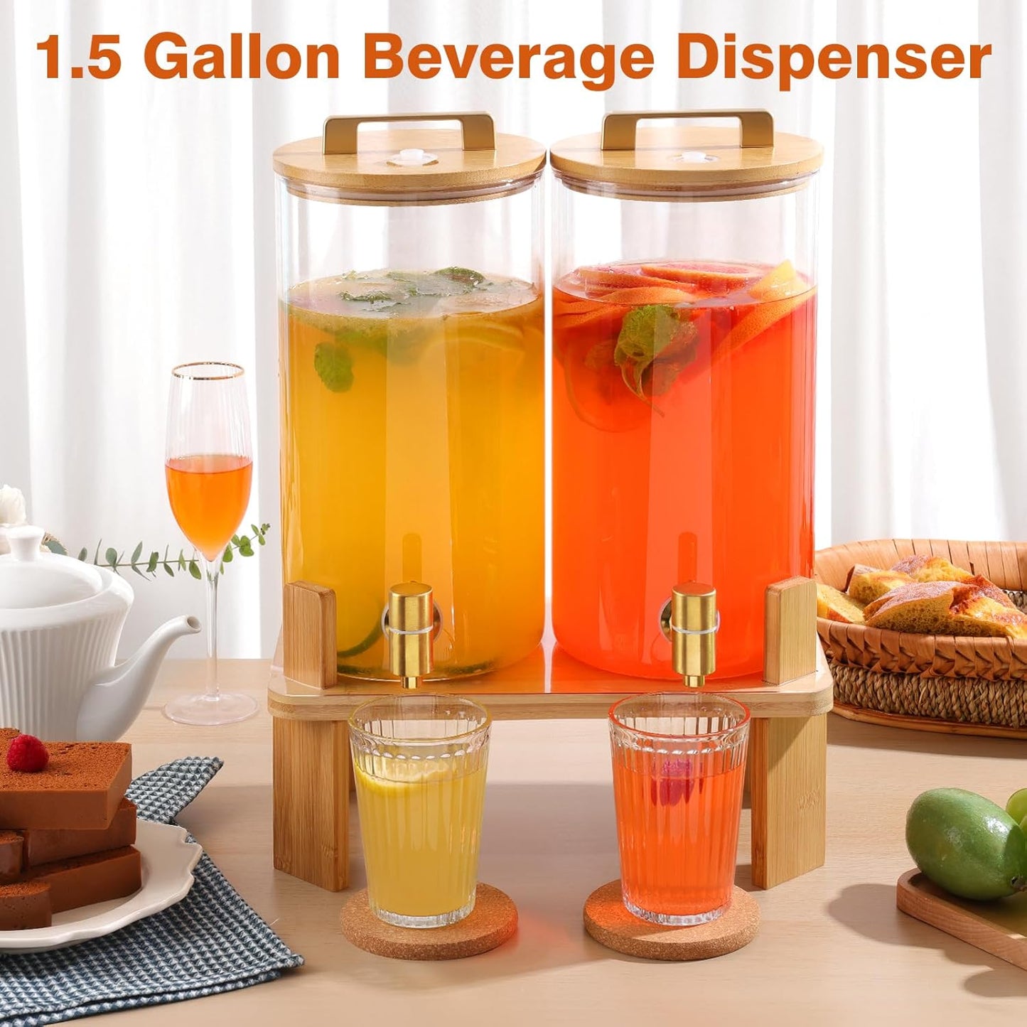 1.5 Gallon 2PCS Glass Drink Dispenser for Parties,Beverage Dispenser with Wooden Stand, Lemonade Dispenser,Juice Containers & Water Pitcher with Lid for Lemonade, Iced Tea and Party Drinks