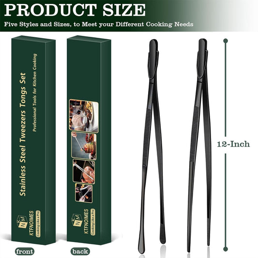 2 Pcs 12-Inch Cooking Tweezers Fine Tweezer Tongs, Extra-Long Stainless Steel Kitchen Tweezers, for Grilling, Serving, and Food Preparation,Silver