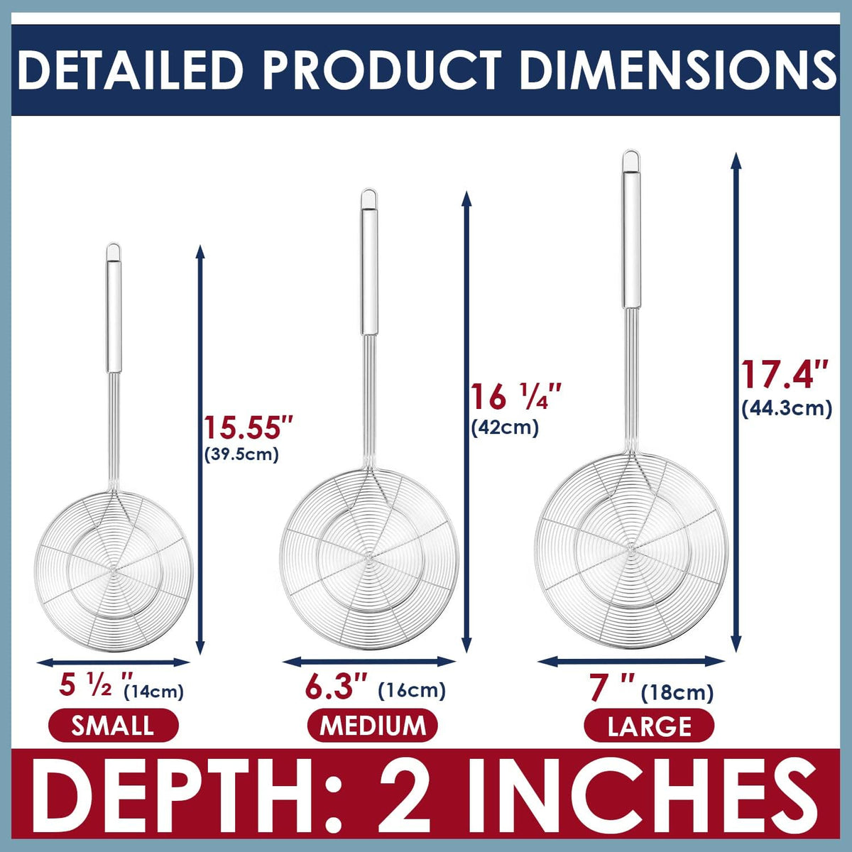 KEISSCO Stainless Steel Spider Strainer Skimmer Spoon For Frying and Cooking - Set of 3 Solid Wire Asian Strainer Ladle Pasta Strainer with Long Handle, Professional Kitchen Skimmer Ladle