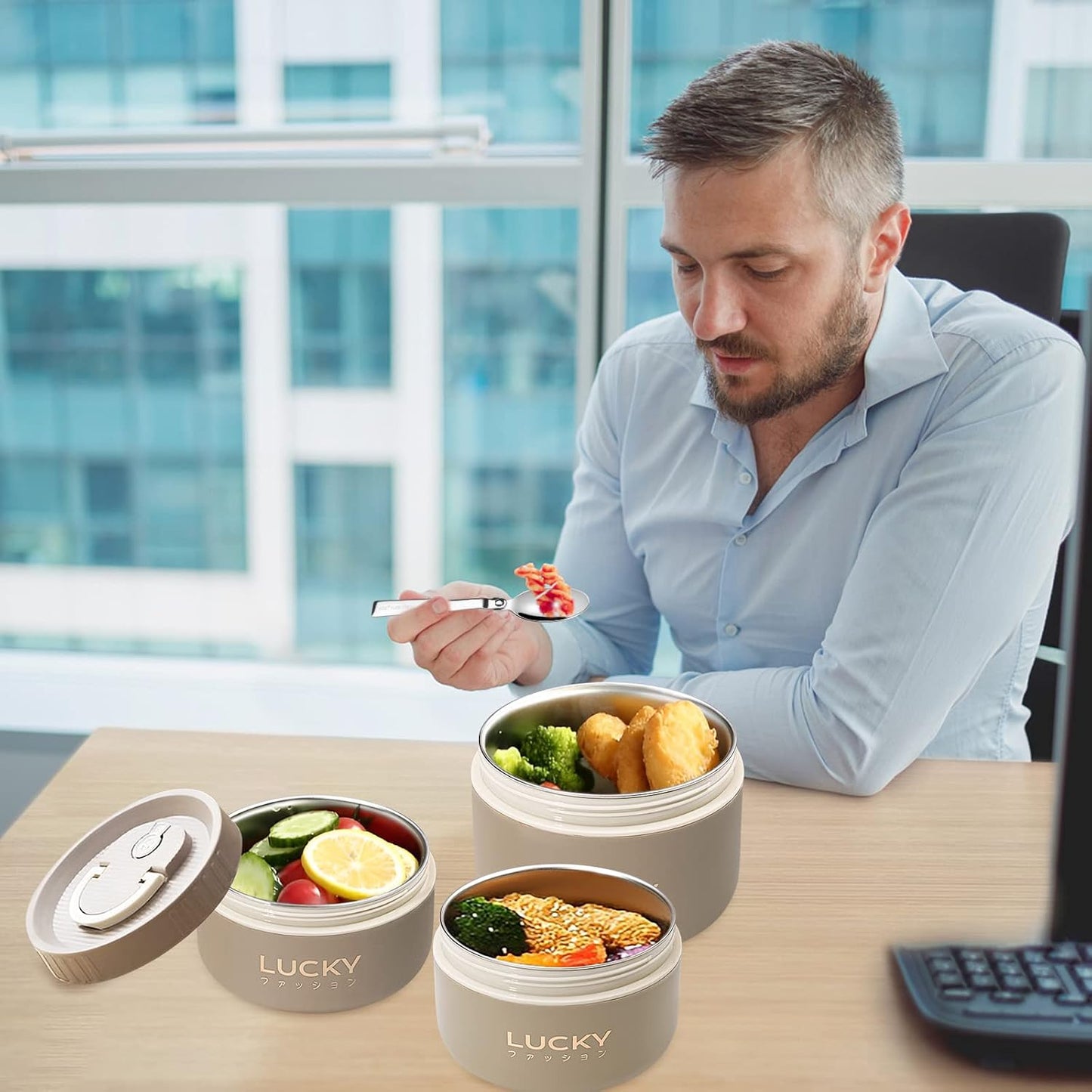 3 Compartments Bento Lunch box with Soup Bowl, Insulated Lunch Bag and Portable Utensils, Stainless Steel Camera Lunch Containers,Leak Proof Bento Box for Kids Adults Men Women…