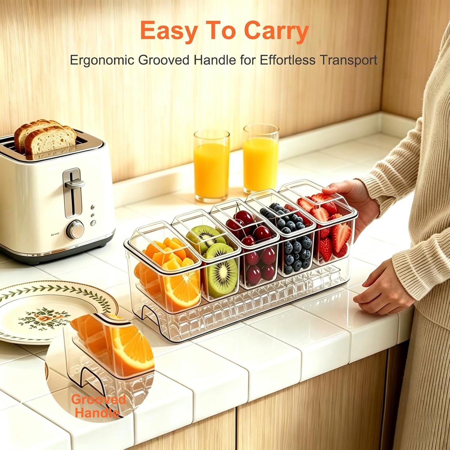 Ice Chilled Condiment Caddy, Clear Condiment Tray with 5 Containers & Lids & Accessories, Ice Garnish Serving Platter for Taco Party & Mimosa Bar, Lemonade Stand, Buffet Hosting (5PC/Set)