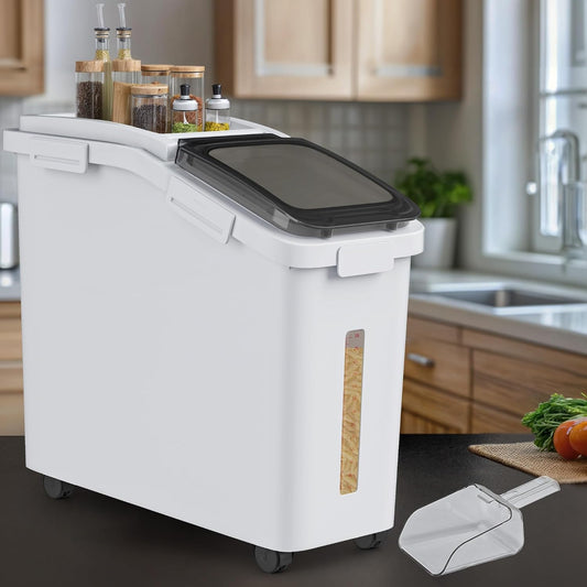 YITAHOME Large Flour Storage Container Ingredient Bins, 11.4-Gallon Rice Food storage Containers Bins with Wheels, Scoop and Airtight Lid for Bulk Rice, Cereal Grain, Sugar, White