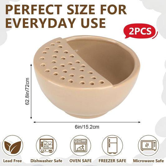 Hushee Ceramic Berry Basket with Holes Set of 2 Ceramic Fruit Container 2 In 1 Washing Bowl 6'' Strainer Bowl Fruit Bowls Colander for Kitchen Strawberry Grape Cherry Stoneware Fridge Harvest Bowls
