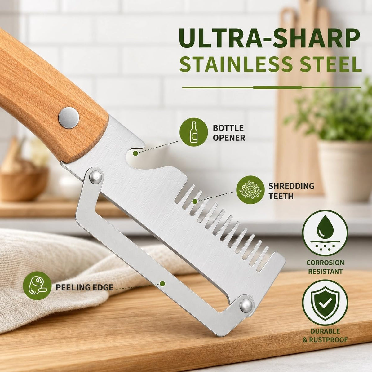 3Pcs Multifunctional vegetable peeler 2026 New 3 in 1 Stainless Steel Blade Wooden Handle Bottle Opener Kitchen Tool For Veggie Fruit