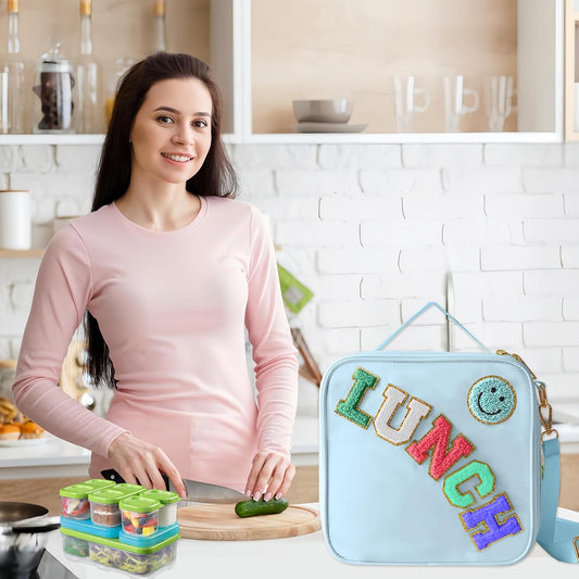 Insulated Lunch Bag With Adjustable Shoulder Strap, Nylon Preppy Lunch Box Large Insulated Lunch Bag Reusable Lunch Tote Bag with Smiley Preppy LunchBag for Girls School Travel Picnic (Green)