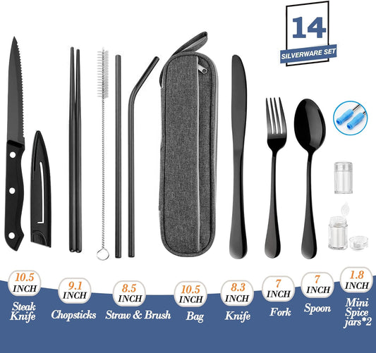 Portable Reusable Travel Utensils Silverware With Case, Camping Cutlery Set, Chopsticks and Straw, Flatware With Case, Stainless Steel Top (Silver)