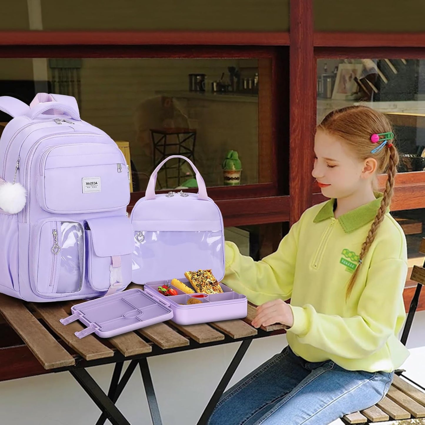 ACESAK Girls Backpack - Bento Box with Insulated Lunch Bag Pencil Case & Utensils Set for Kids, 6 Leakproof Compartments Removable Tray Lunches or Snack Container for School (Gray Daisy)