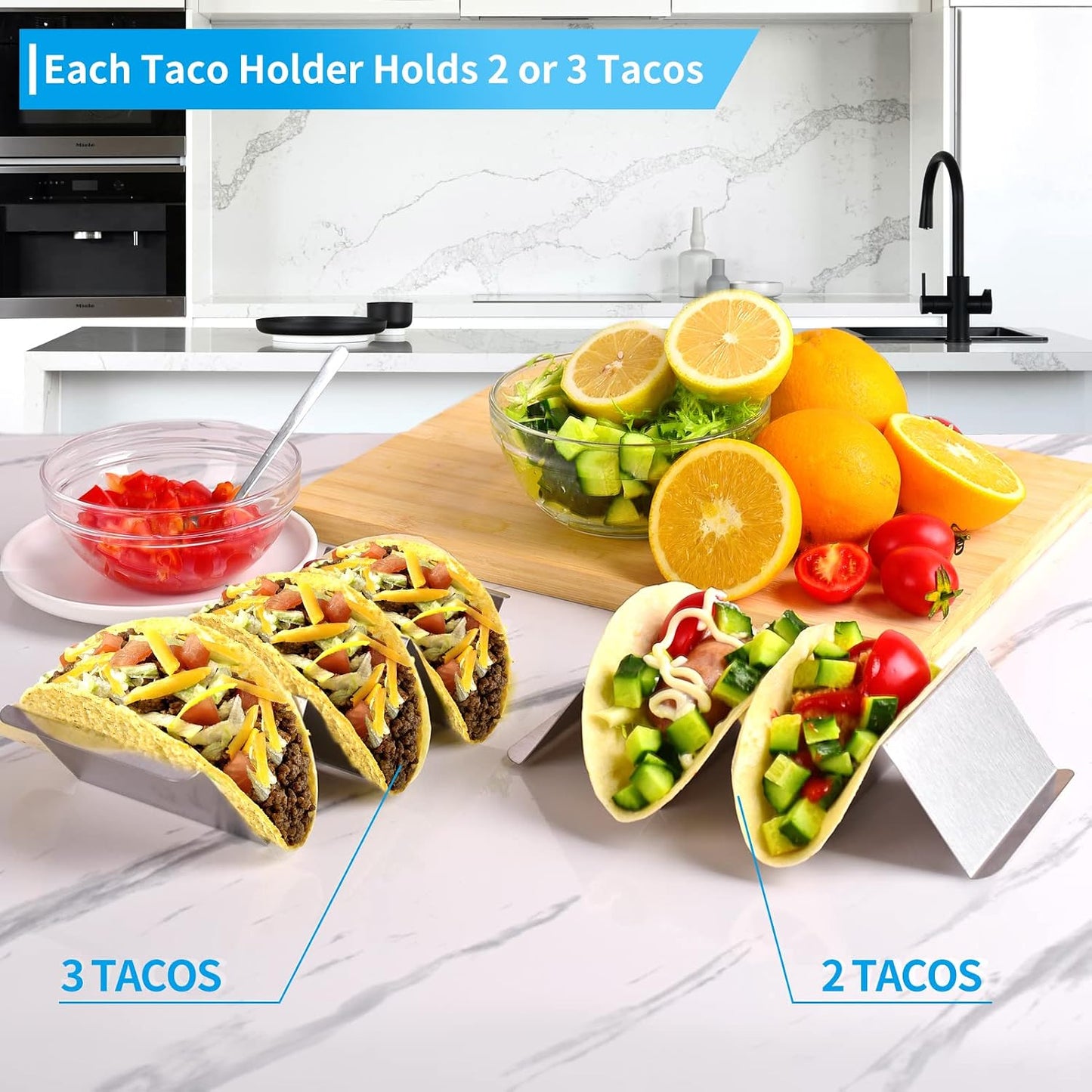 Stainless Steel Taco Holders Set of 12 - Each Metal Taco Stands for 3 Tacos - Taco Rack with Handles - Stylish Taco Shell Holders - Oven & Dishwasher & Grill Safe Taco Trays