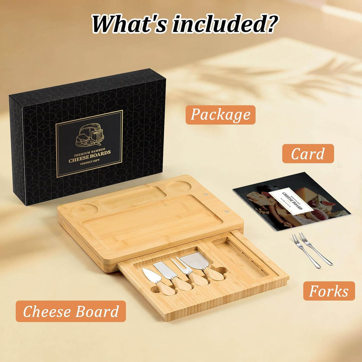Bamboo Charcuterie Board Set with 4 Cheese Knives, Serving Platter
