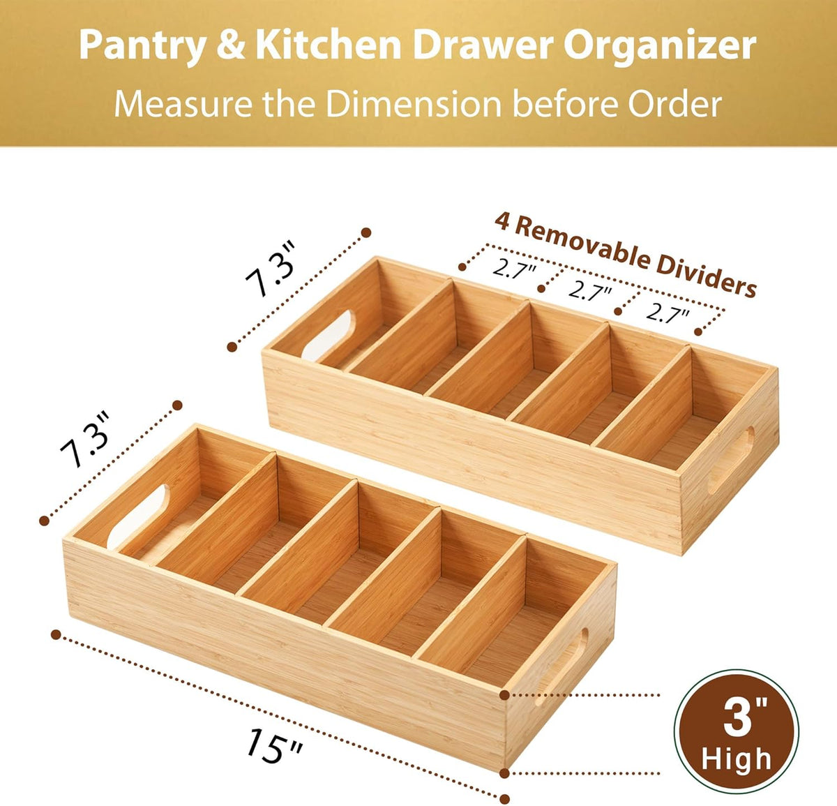 Umilife Bamboo Pantry Organizers and Storage Bins with Removable Dividers, Kitchen Drawer Cabinet Countertop Organization for Snack, Spice Packets, Teabags, Seasoning Pouches (2 Pack)