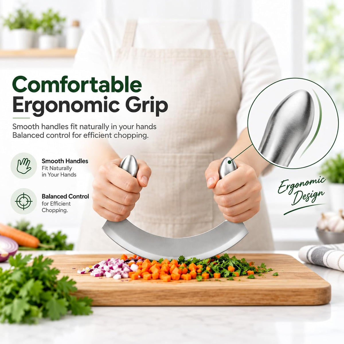 8.7 Inch Stainless Steel Mezzaluna Knife, Double Handle Rocker Pizza Cutter, Sharp Curved Blade Multipurpose Salad Chopper Mincing Knife for Vegetables, Fruits & Herbs