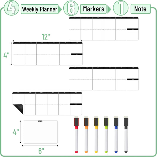 Mr. Pen- 4" x 12" Dry Erase Magnetic Weekly Planner for Fridge, 11 pcs, 4X Weekly Chore Chart, 6X Colorful Whiteboard Markers and 6" x 4" Magnetic Whiteboard Note