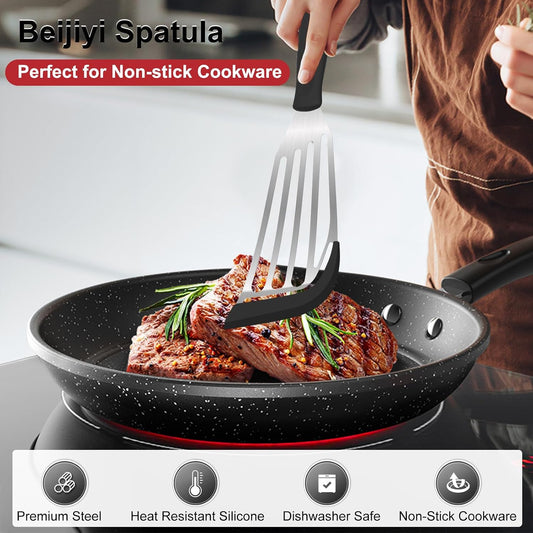 Beijiyi 2-Piece Silicone Fish Spatula for Nonstick Cookware, Heat Resistant | BPA Free, Flexible & Thin Edge, Scratch-Free, Slotted Turner, Kitchen Use, Cooking Flipper for Egg, Pancake, Dishwasher Safe