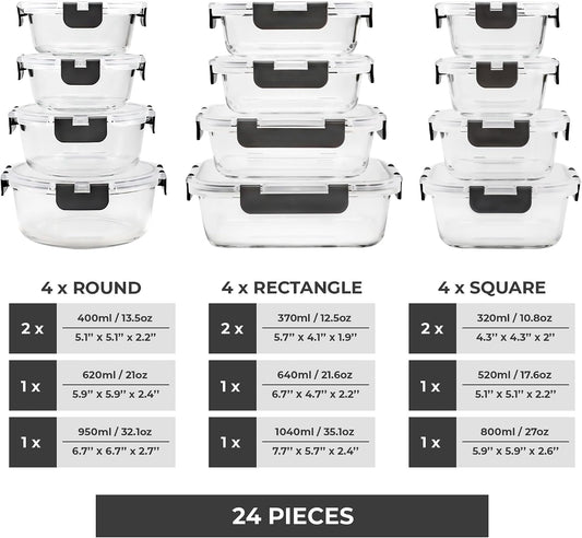 Freshware Glass Storage Containers with Lids, 24 Pieces, 12 Containers with 12 Lids, Glass Meal Prep Container for Lunch, Food Storage Containers, Leak Proof, Freezer Safe, Gray