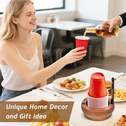 Wooden Cup Holder with Marker Slot - Disposable Plastic Cup Organizer & Dispenser for Hosting Party Essentials Kitchen Bathroom Housewarming Decoration (Walnut Color)
